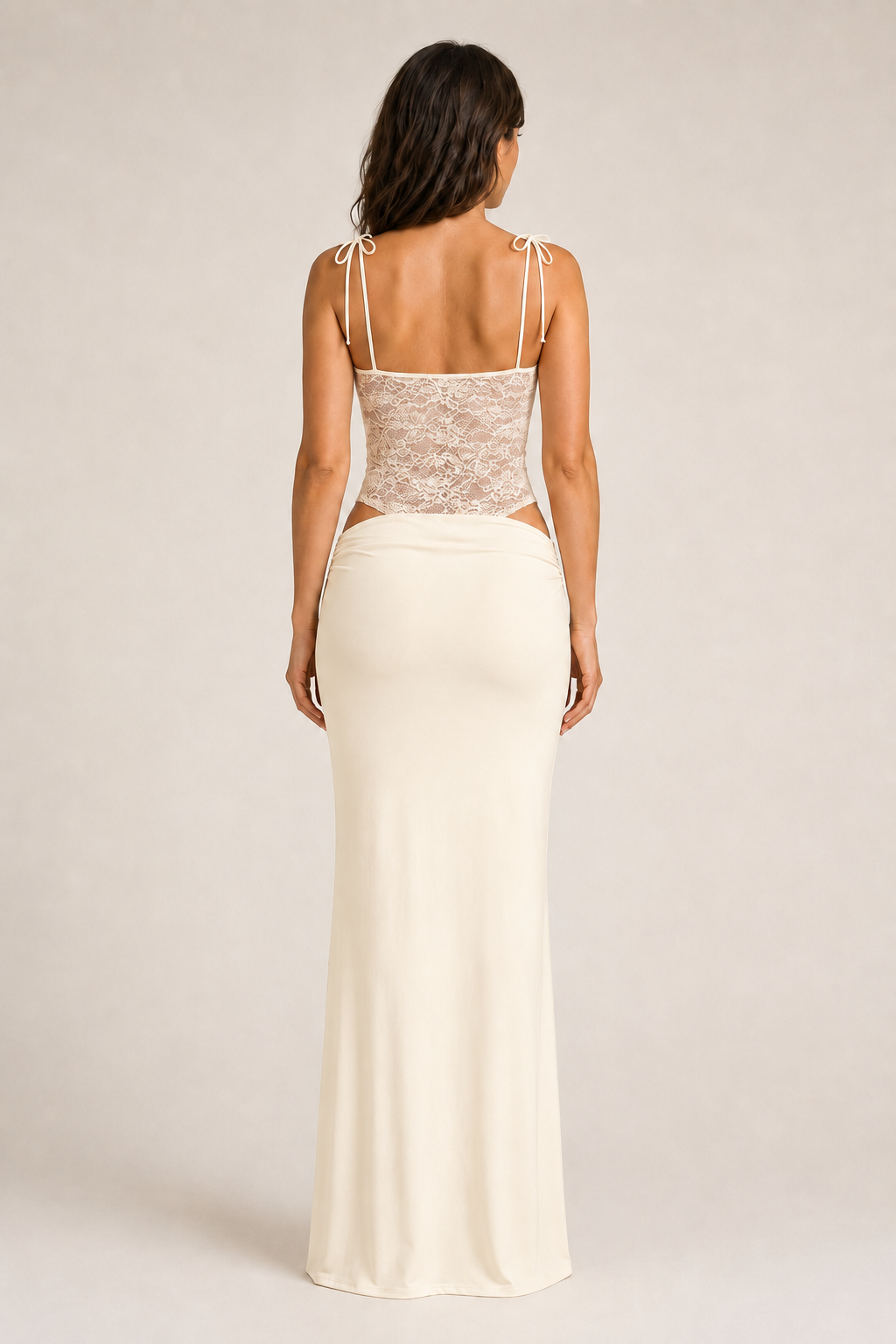 Light Apricot lace-bodice maxi dress back view