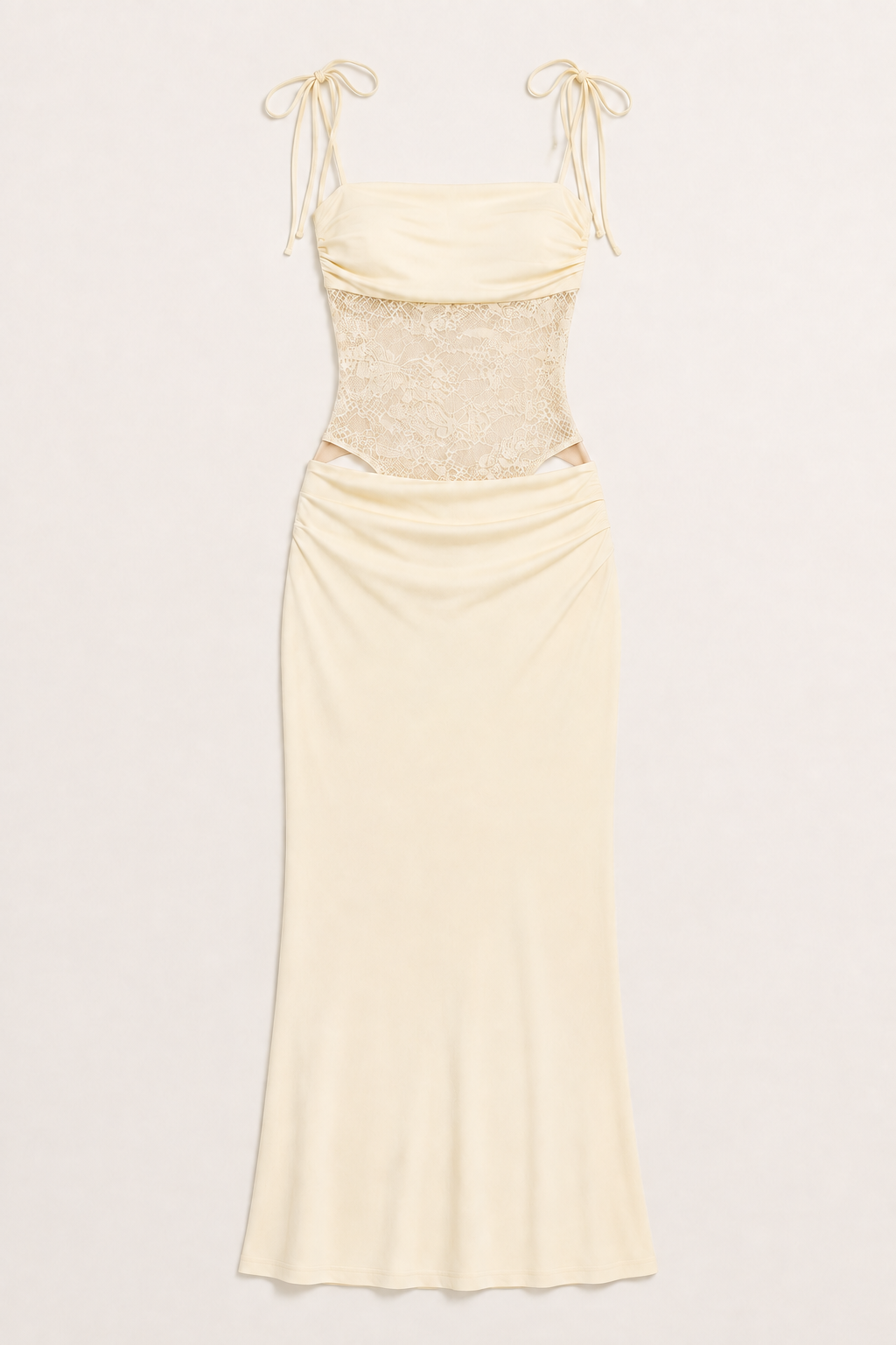 Light Apricot lace-bodice maxi dress flat lay