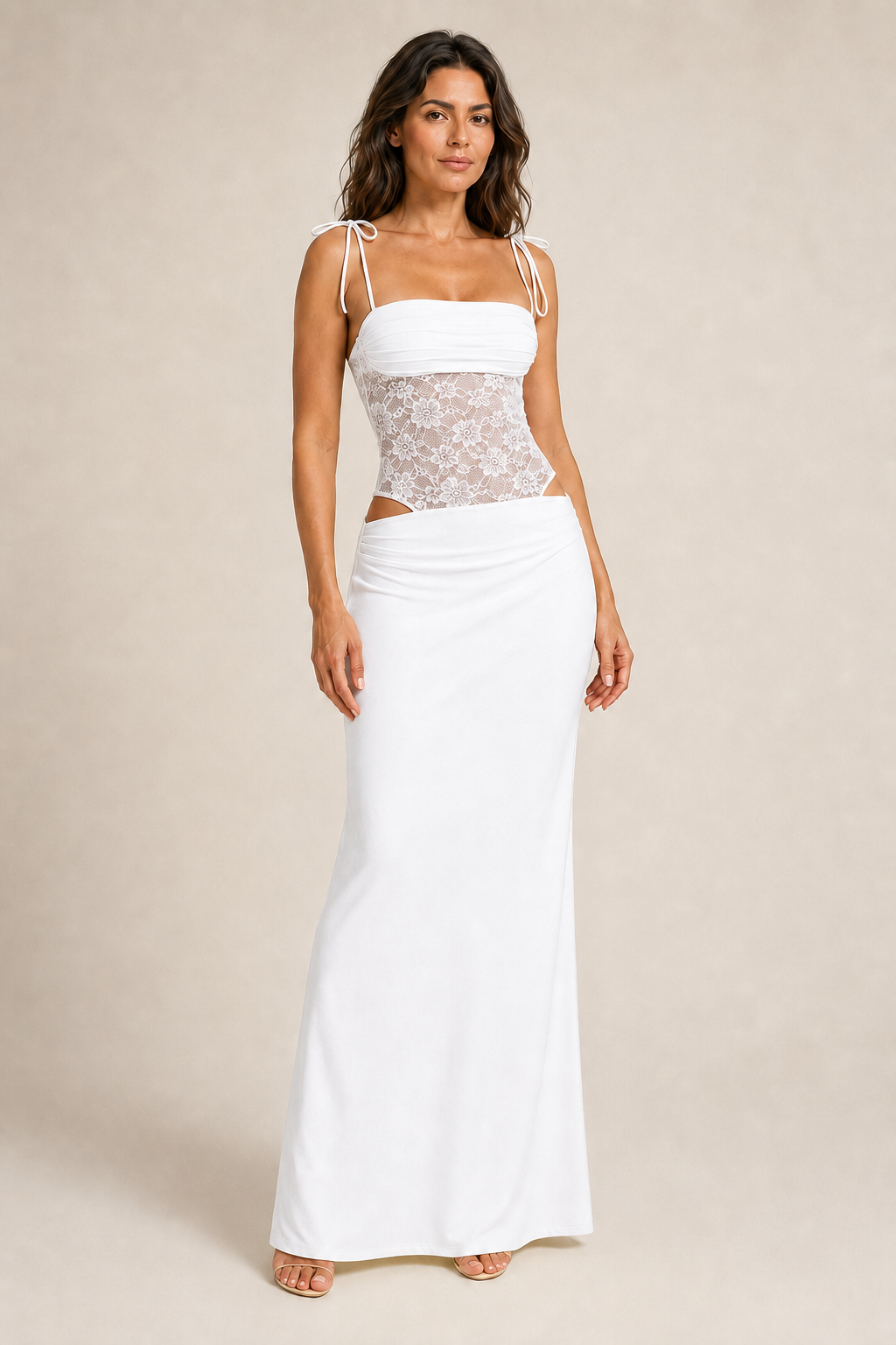 White lace-bodice maxi dress front three-quarter view