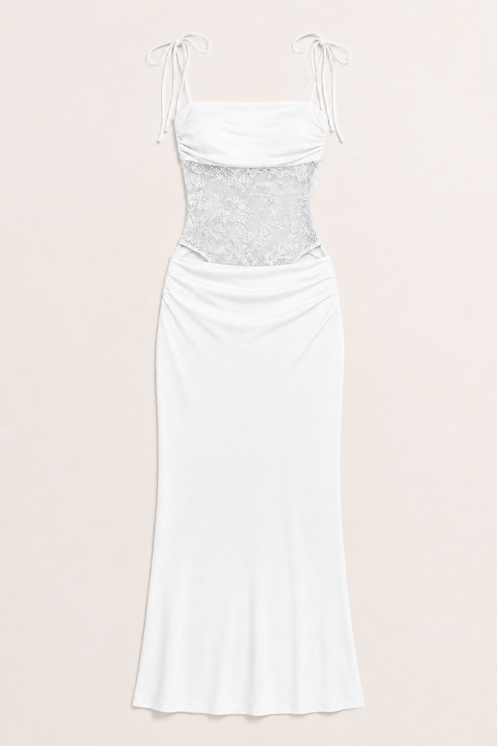 White lace-bodice maxi dress flat lay