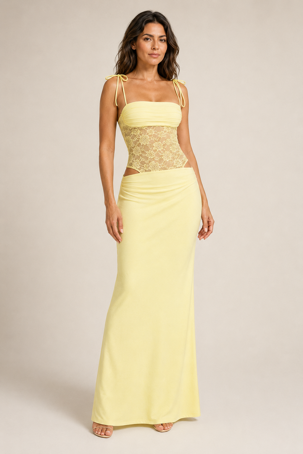 Yellow lace-bodice maxi dress front three-quarter view
