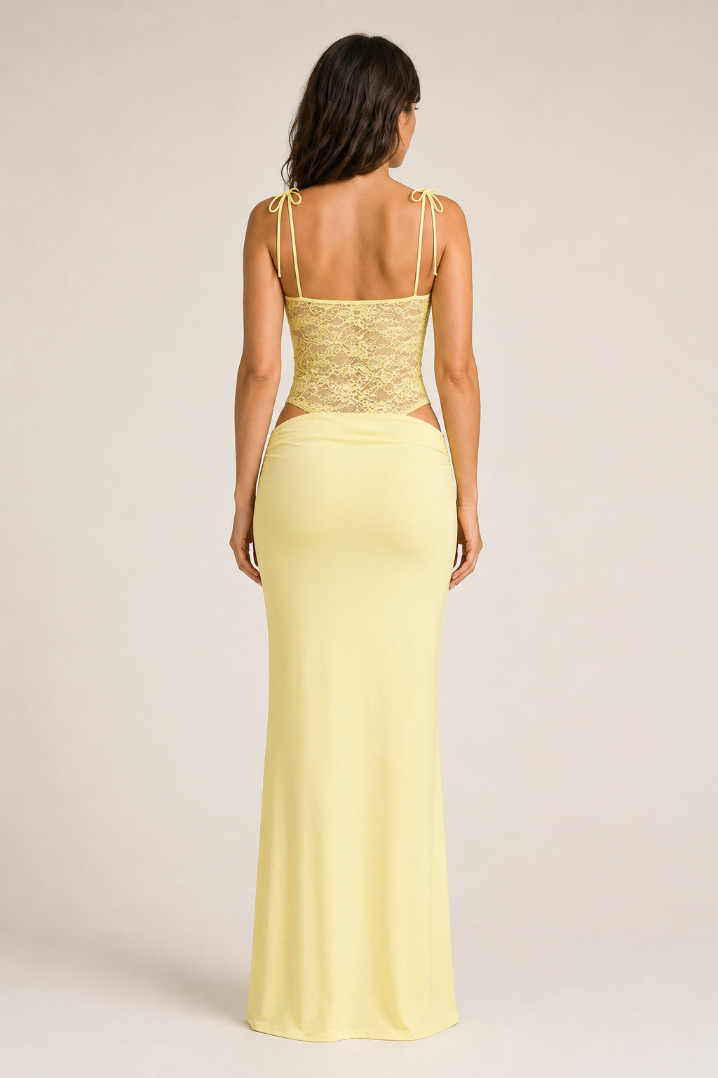 Yellow lace-bodice maxi dress back view