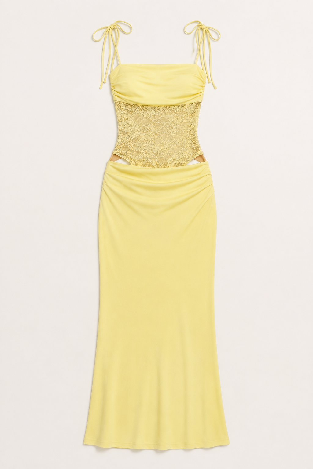 Yellow lace-bodice maxi dress flat lay