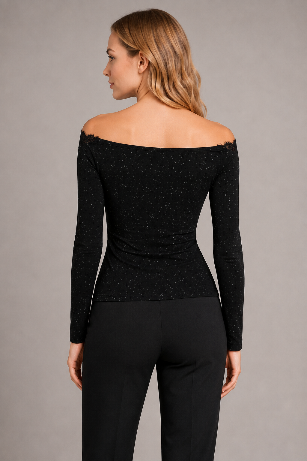 Black glitter off-shoulder top back view