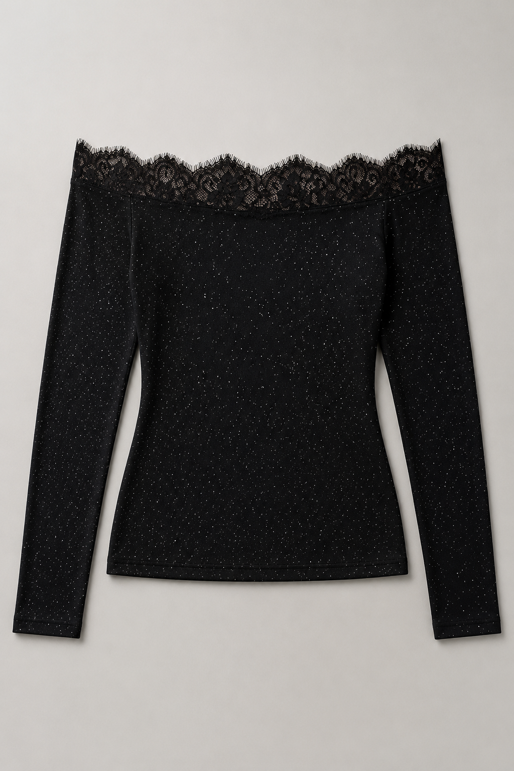 Black glitter off-shoulder top flat lay