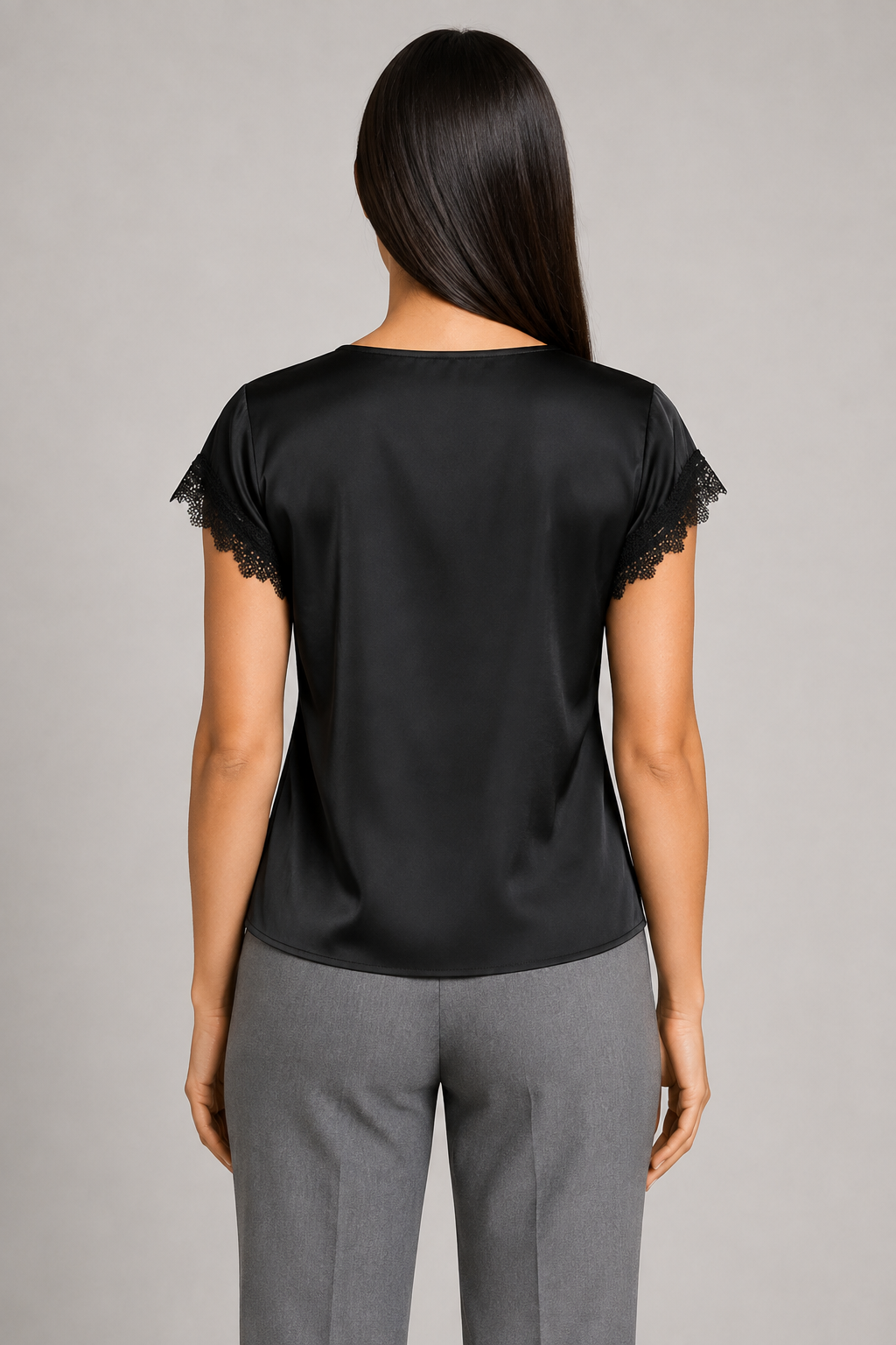 Black lace-trim tie-front blouse, back view