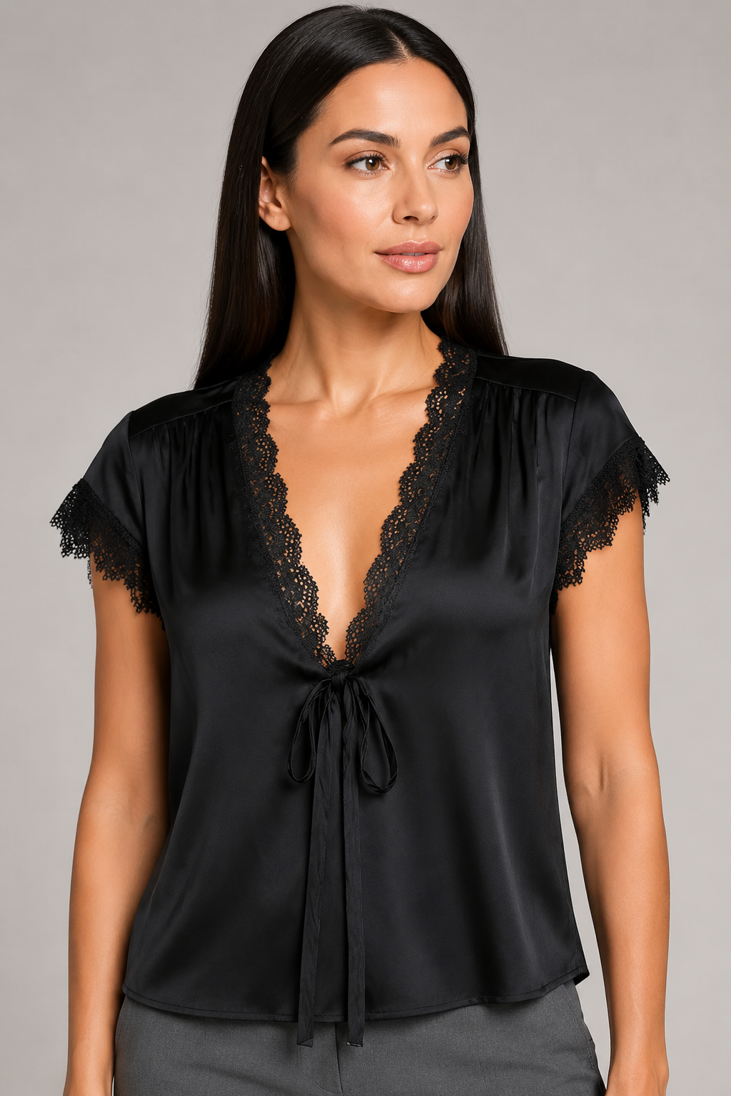 Black blouse lace-trim fabric detail