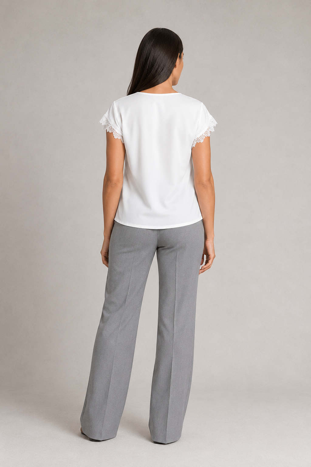 White lace-trim tie-front blouse, back view