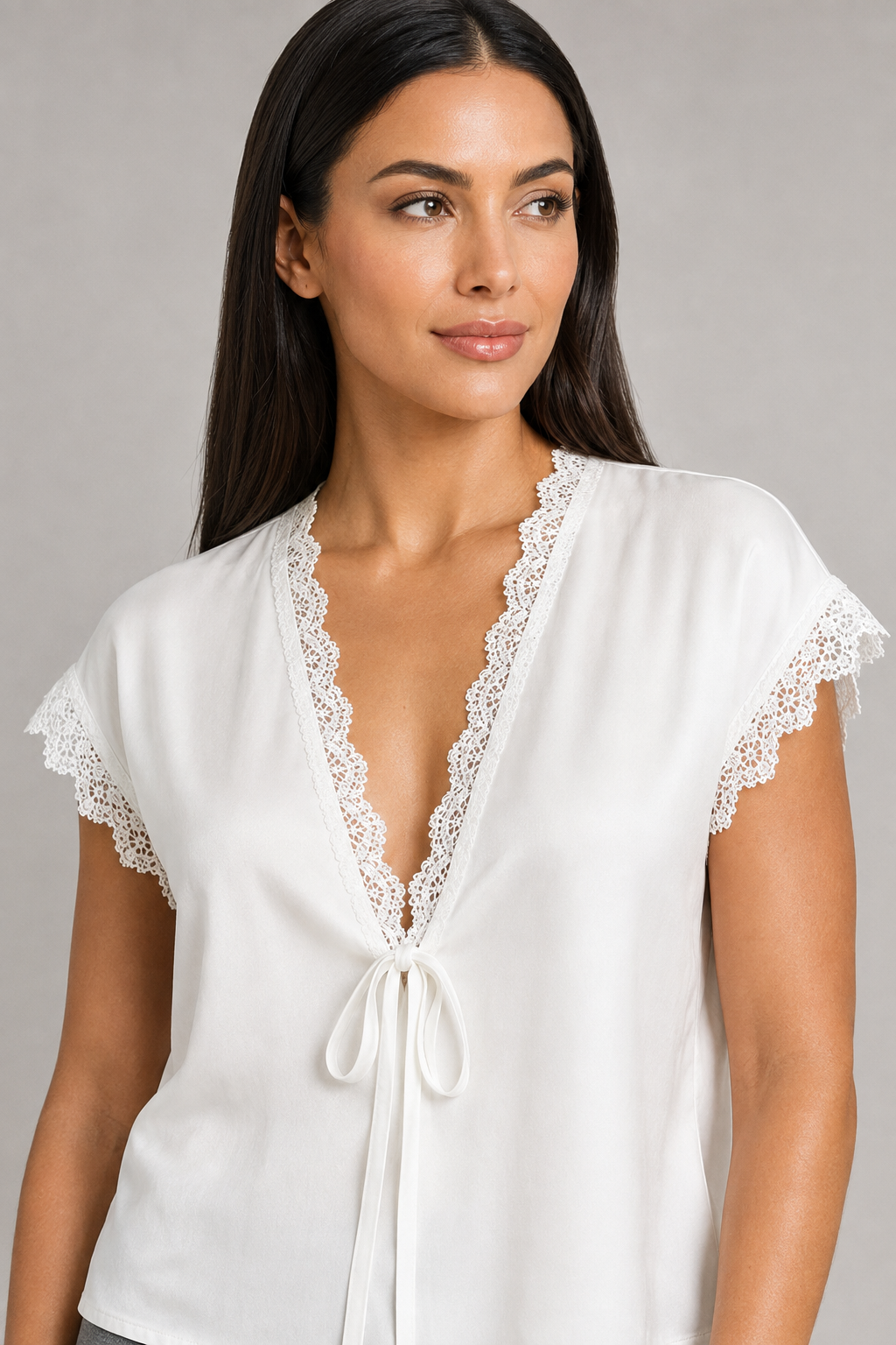 White blouse lace-trim fabric detail