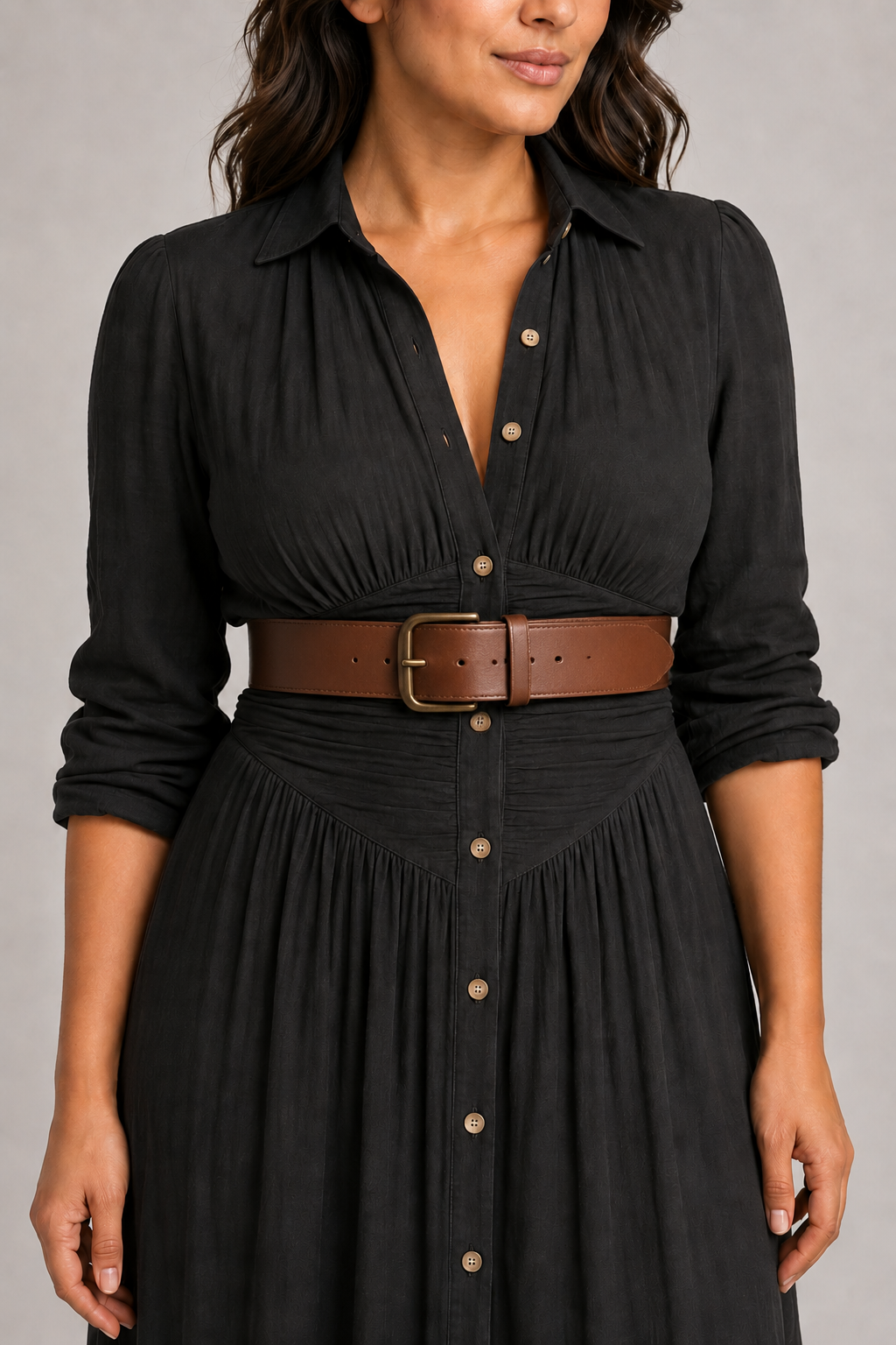 Black pleated maxi dress with brown belt, ruched waist and button-placket detail