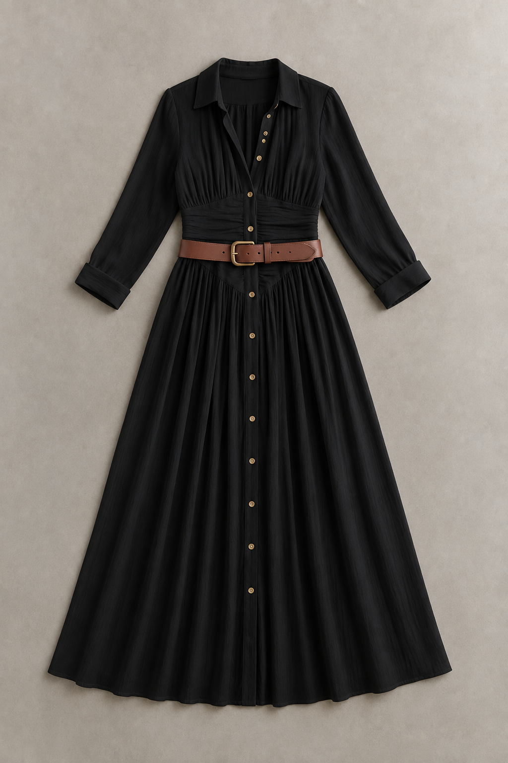 Black notched-collar pleated maxi dress with brown belt, product flat lay