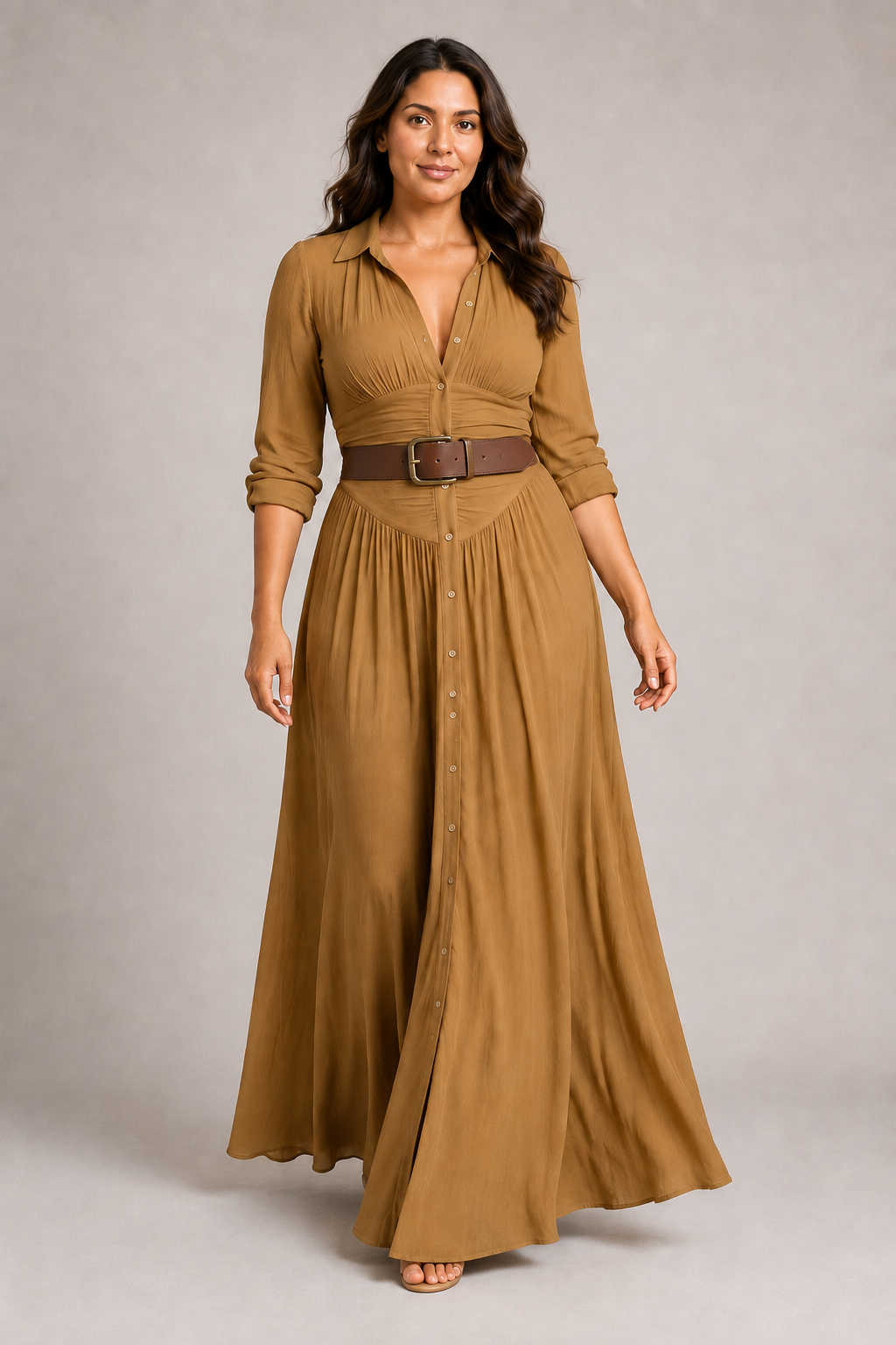 Brown notched-collar pleated maxi dress with darker brown belt, front three-quarter view