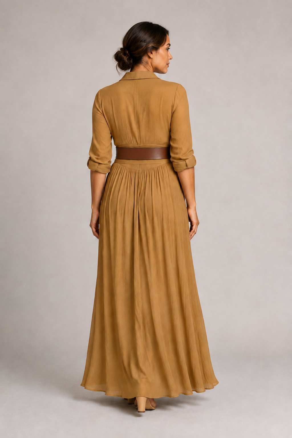 Brown notched-collar pleated maxi dress with darker brown belt, back view