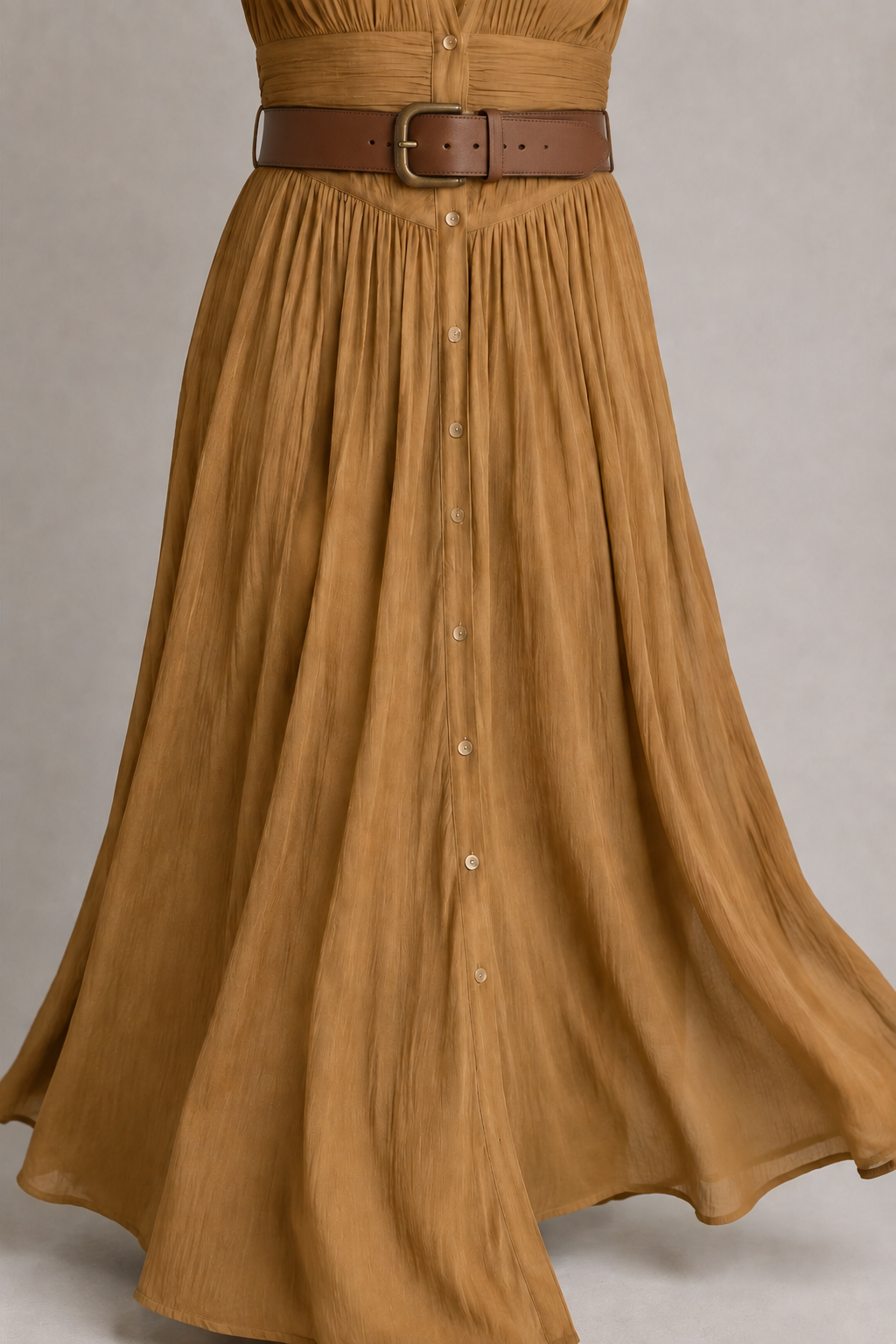 Brown pleated maxi dress with darker brown belt, gathered-skirt fabric detail