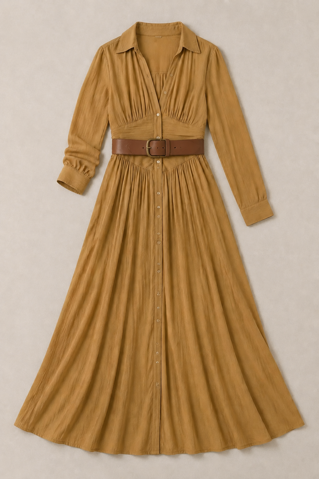Brown notched-collar pleated maxi dress with darker brown belt, product flat lay
