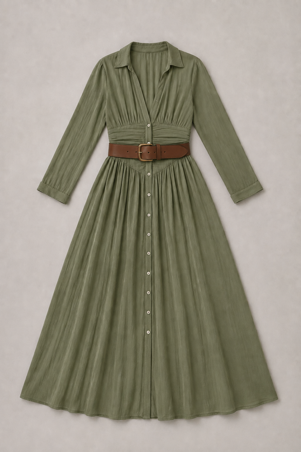 Green notched-collar pleated maxi dress with brown belt, product flat lay