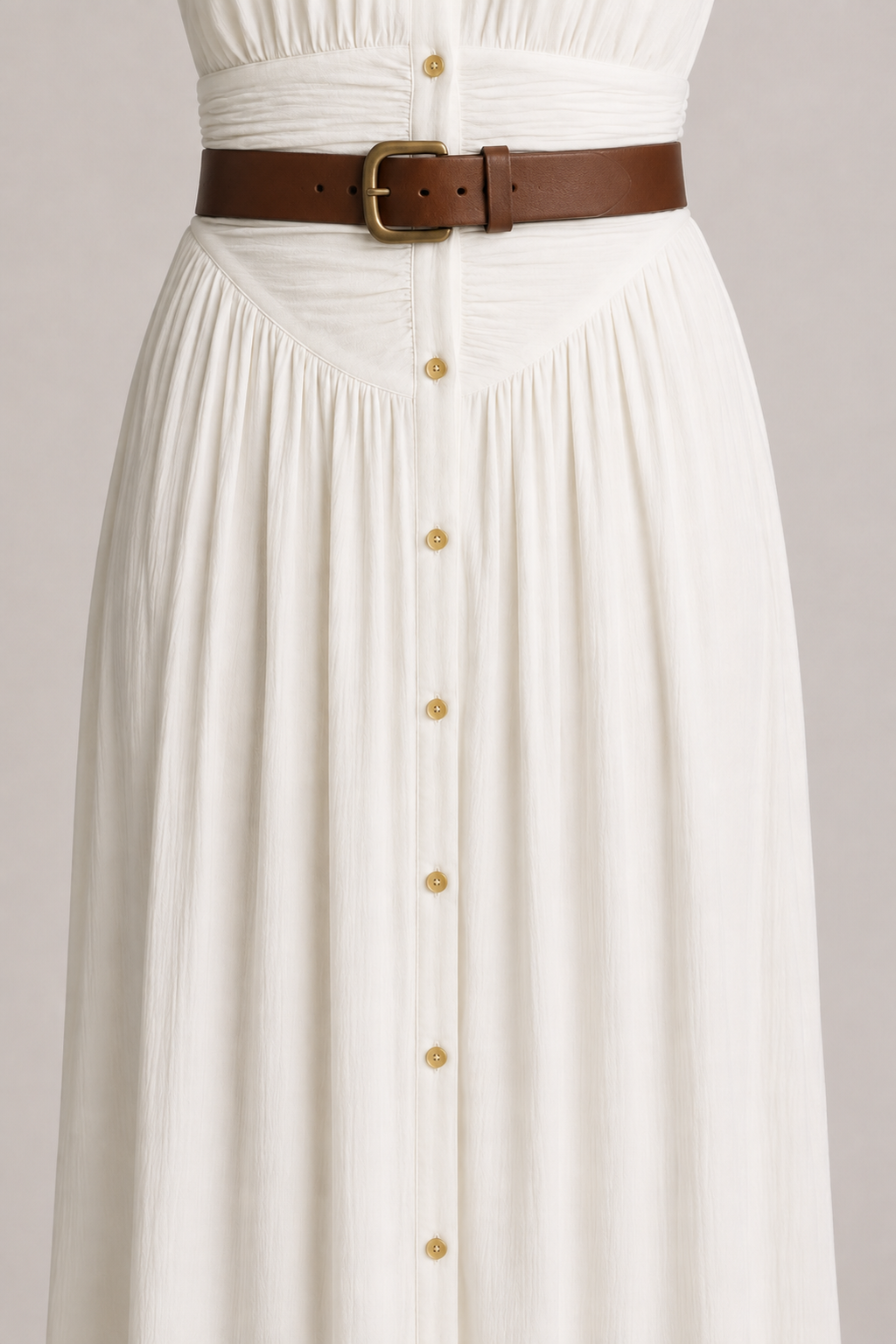 White pleated maxi dress with brown belt, gathered-skirt fabric detail