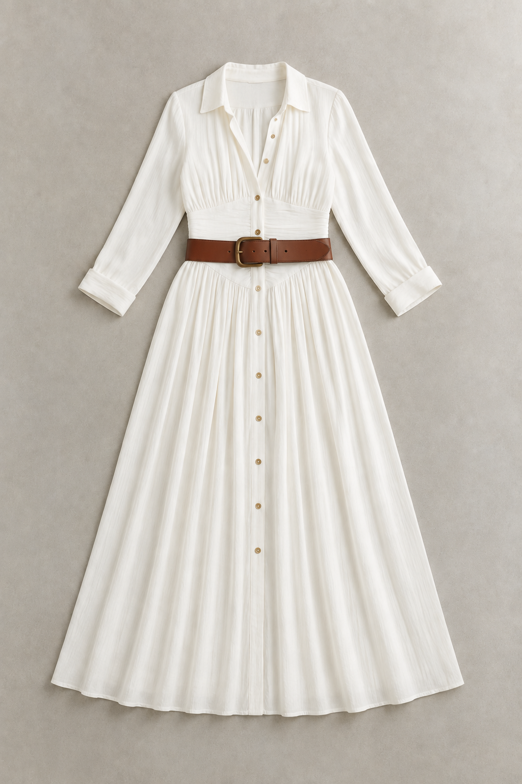White notched-collar pleated maxi dress with brown belt, product flat lay