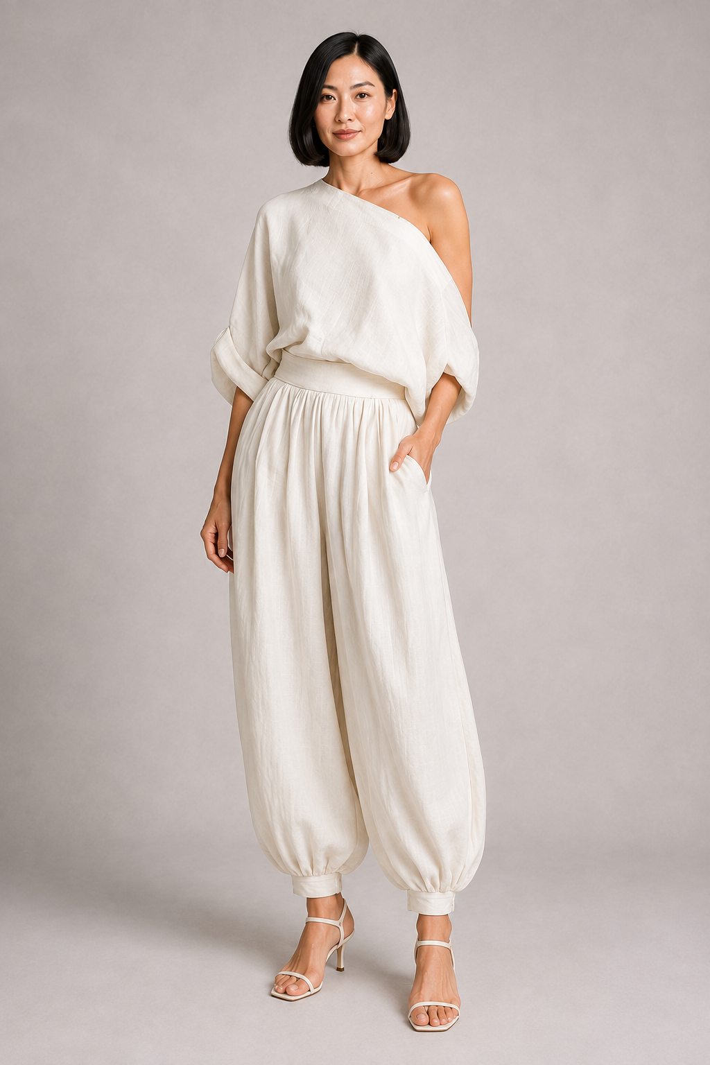 Ivory one-shoulder draped trouser set, front three-quarter view
