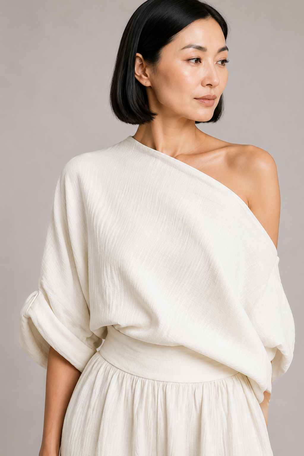 Ivory trouser set crinkled drape fabric detail