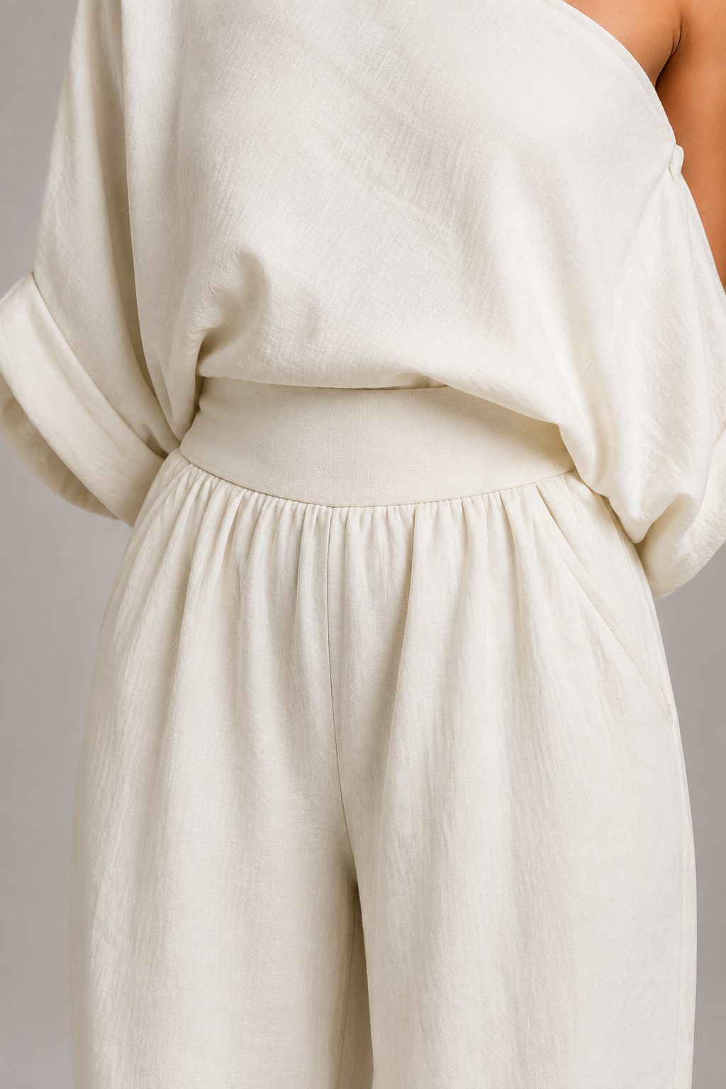 Ivory trouser set waist panel and gathering detail