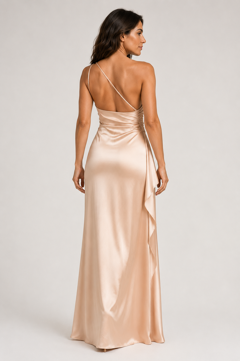 Apricot one-shoulder flowing maxi dress, back view