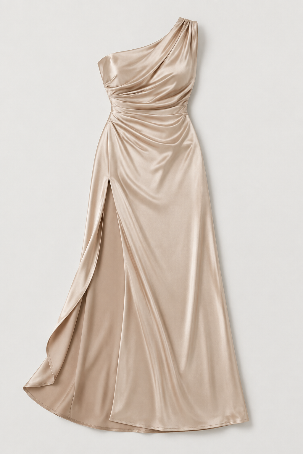 Apricot one-shoulder flowing maxi dress, flat lay