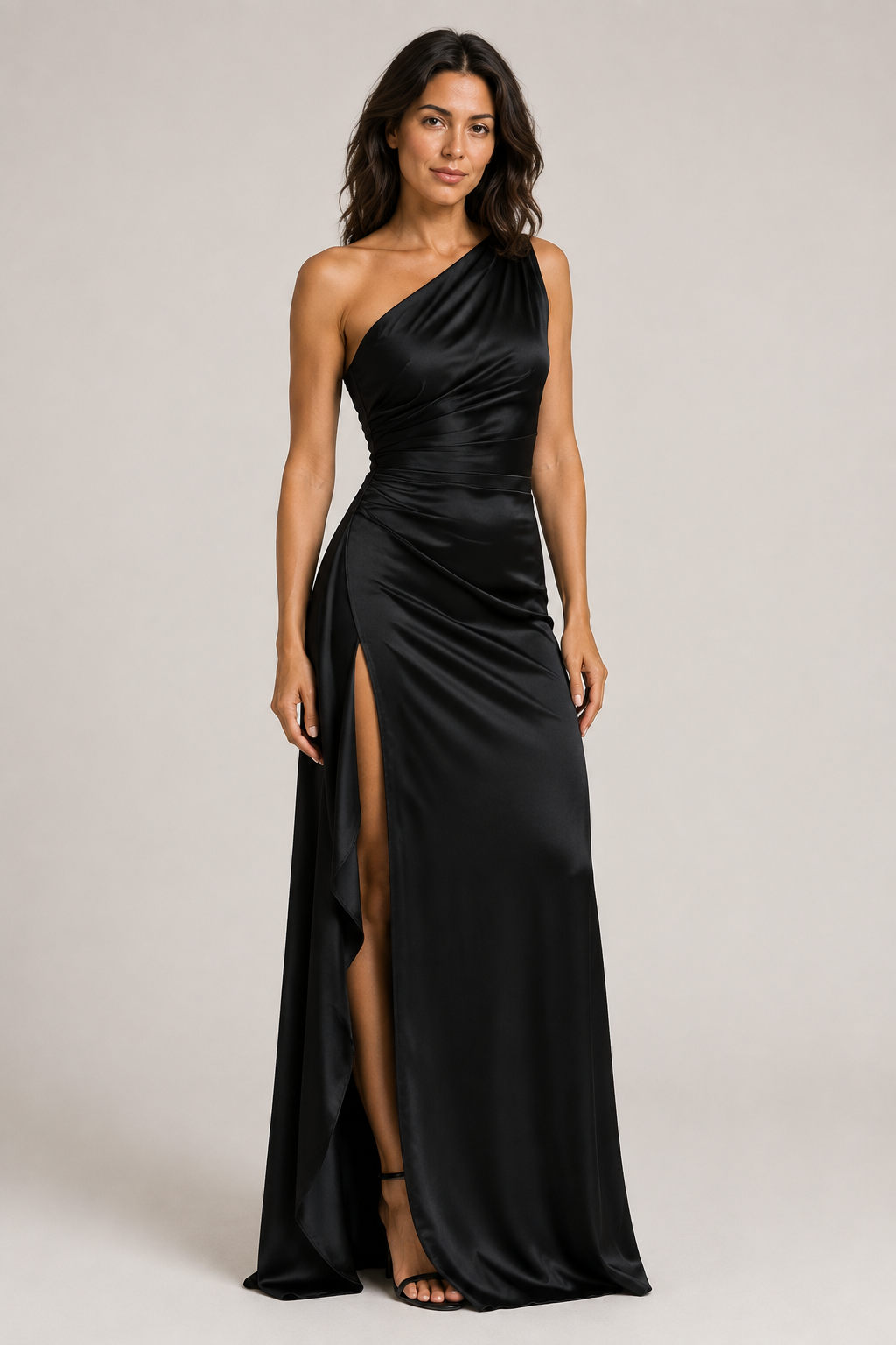 Black one-shoulder flowing maxi dress, front three-quarter view
