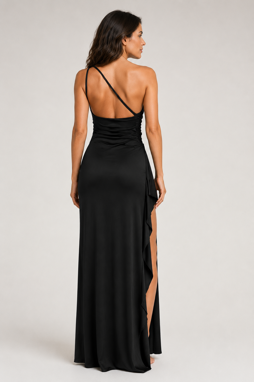 Black one-shoulder flowing maxi dress, back view
