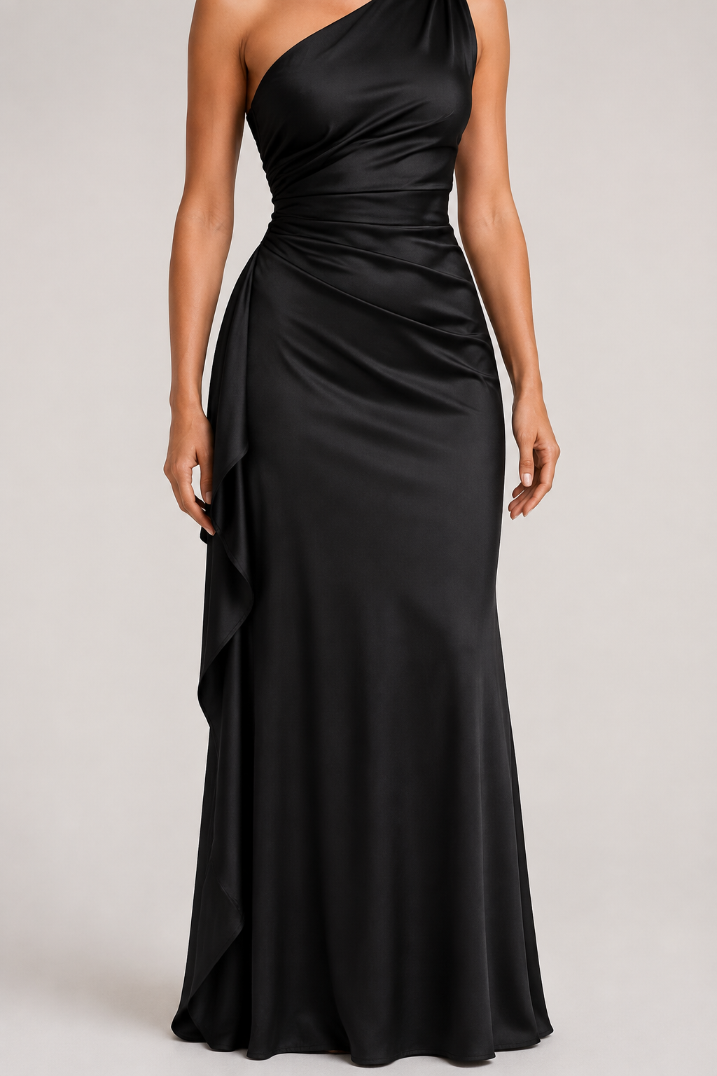 Black one-shoulder flowing maxi dress, slit and draped panel detail