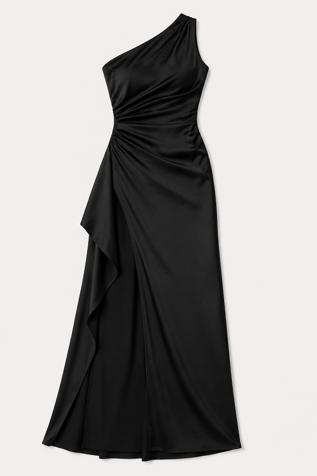 Black one-shoulder flowing maxi dress, flat lay