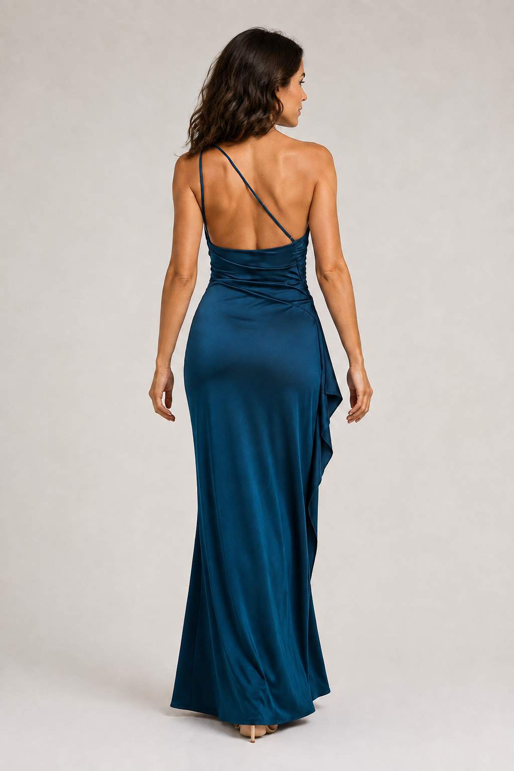 Blue one-shoulder flowing maxi dress, back view