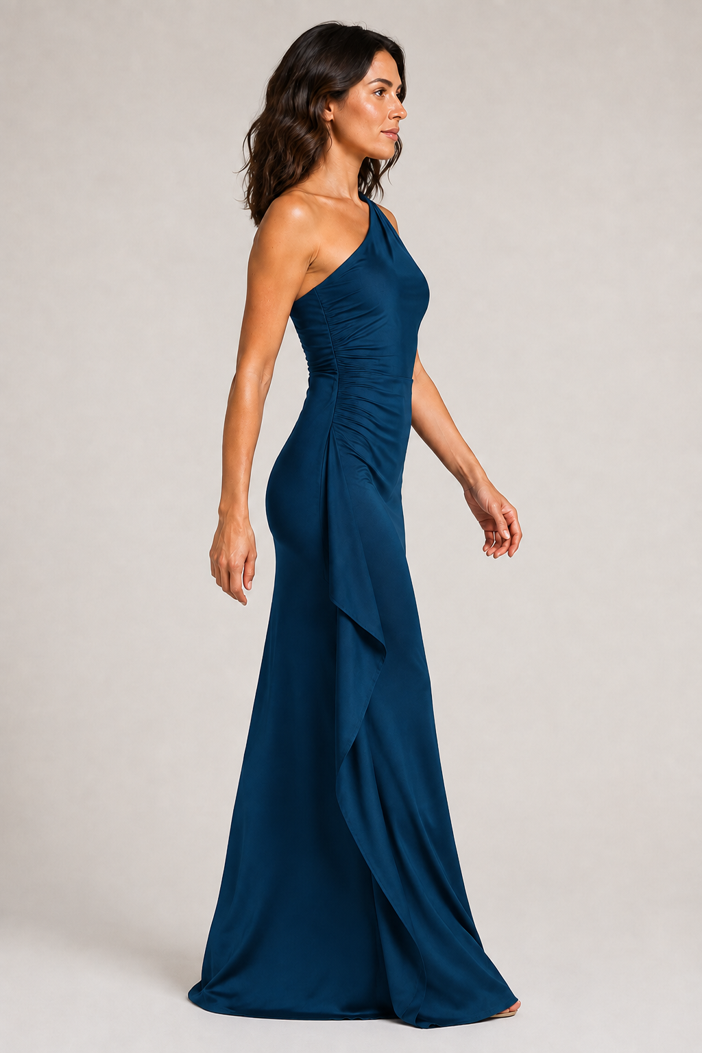 Blue one-shoulder flowing maxi dress, side view