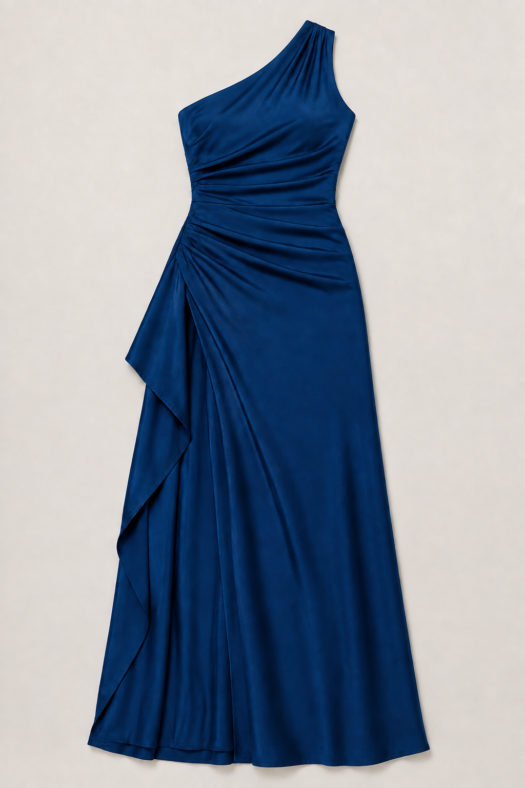 Blue one-shoulder flowing maxi dress, flat lay