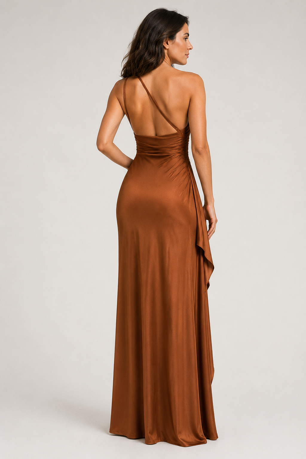 Brown one-shoulder flowing maxi dress, back view