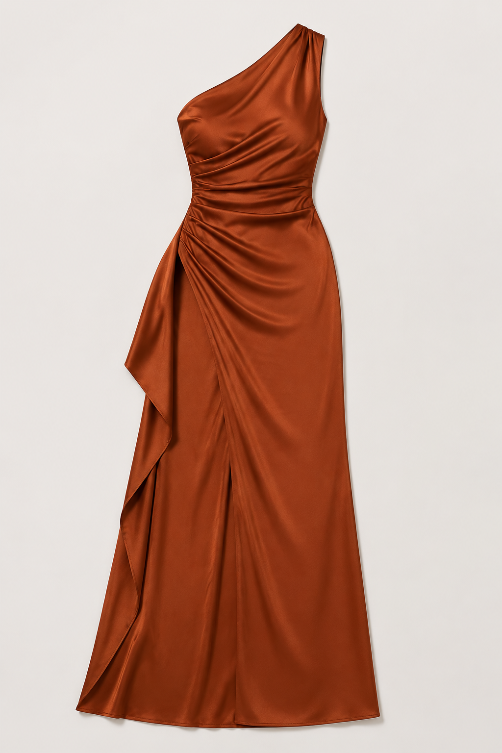 Brown one-shoulder flowing maxi dress, flat lay