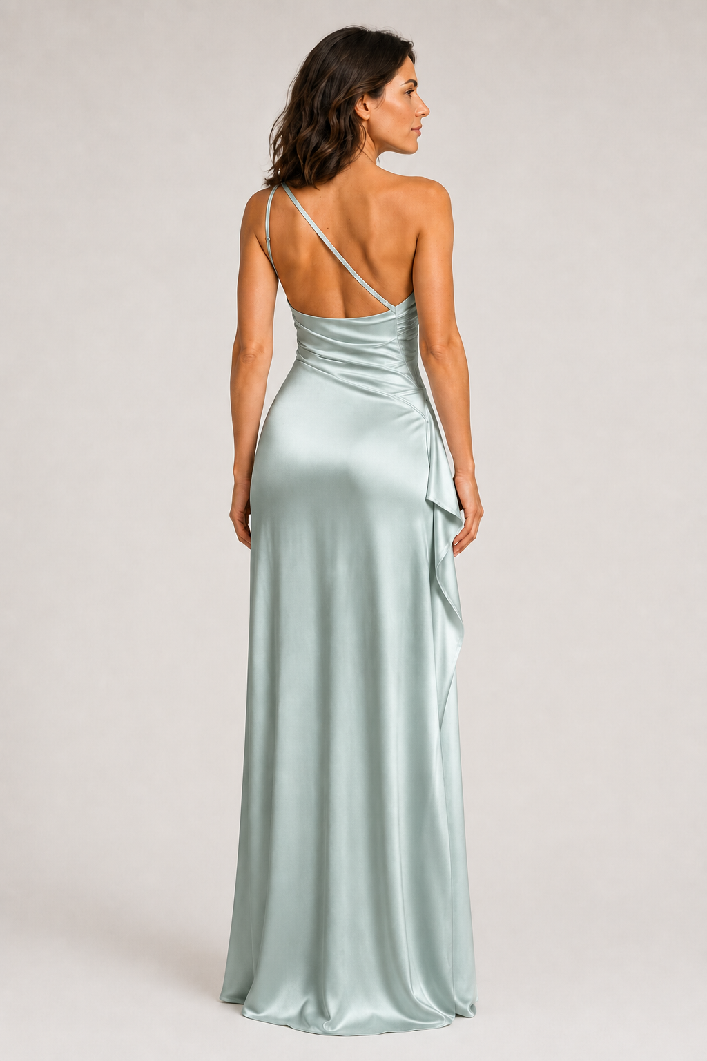 Light Green one-shoulder flowing maxi dress, back view