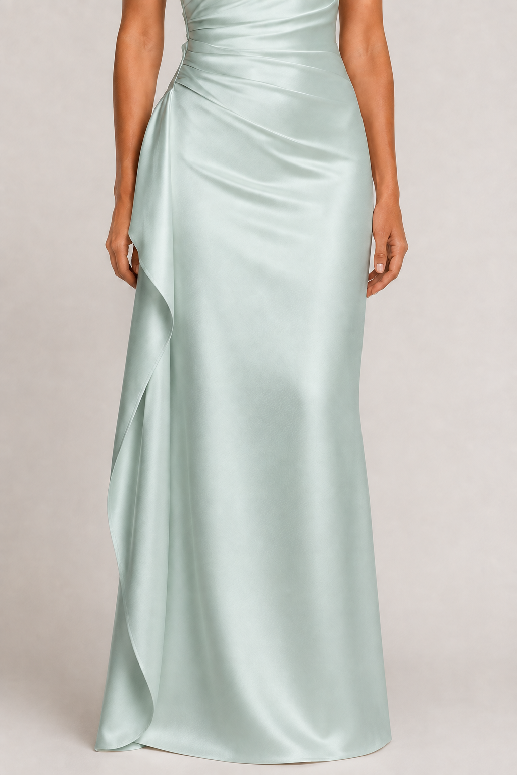 Light Green one-shoulder flowing maxi dress, slit and draped panel detail
