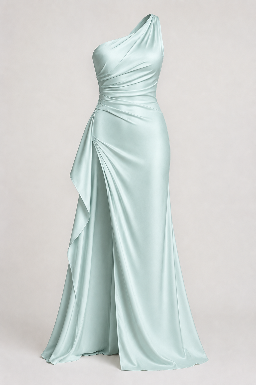 Light Green one-shoulder flowing maxi dress, flat lay