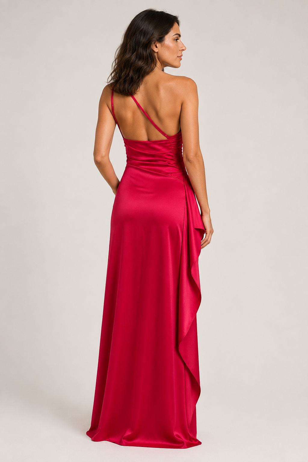 Magenta-Red one-shoulder flowing maxi dress, back view