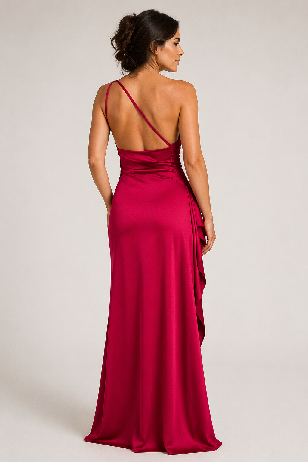 Magenta-Red one-shoulder flowing maxi dress, open-back strap construction detail