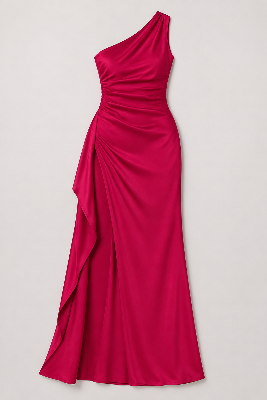 Magenta-Red one-shoulder flowing maxi dress, flat lay
