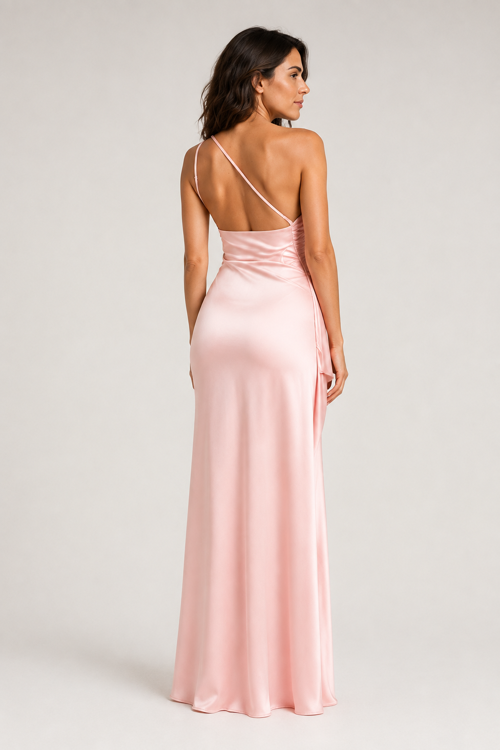 Pink one-shoulder flowing maxi dress, back view