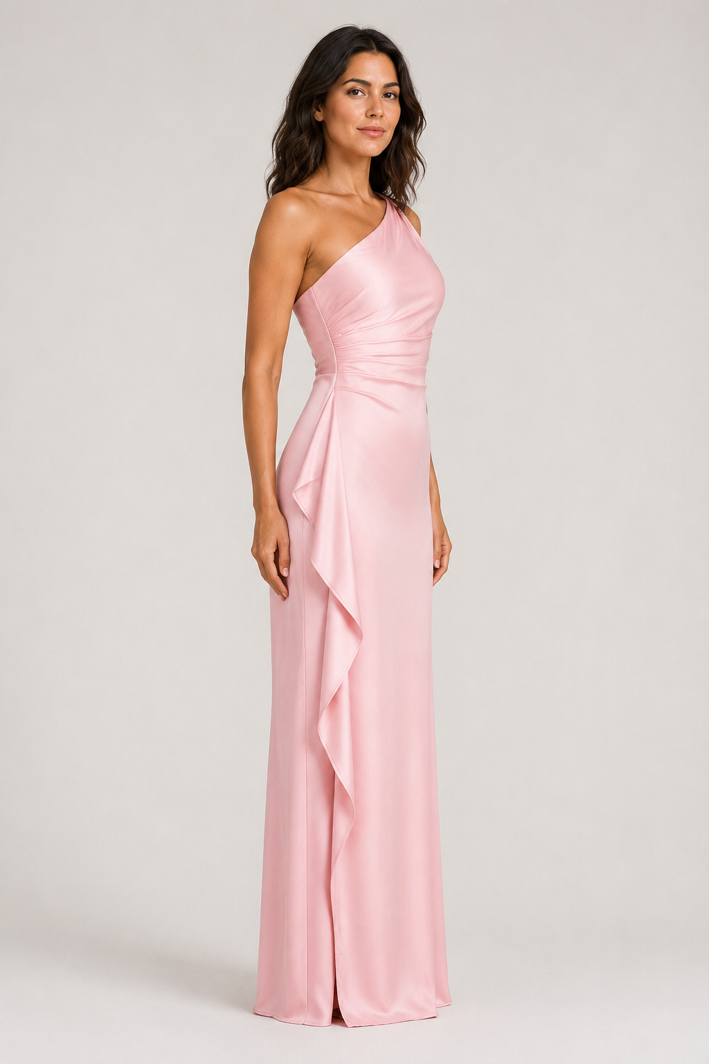 Pink one-shoulder flowing maxi dress, side view