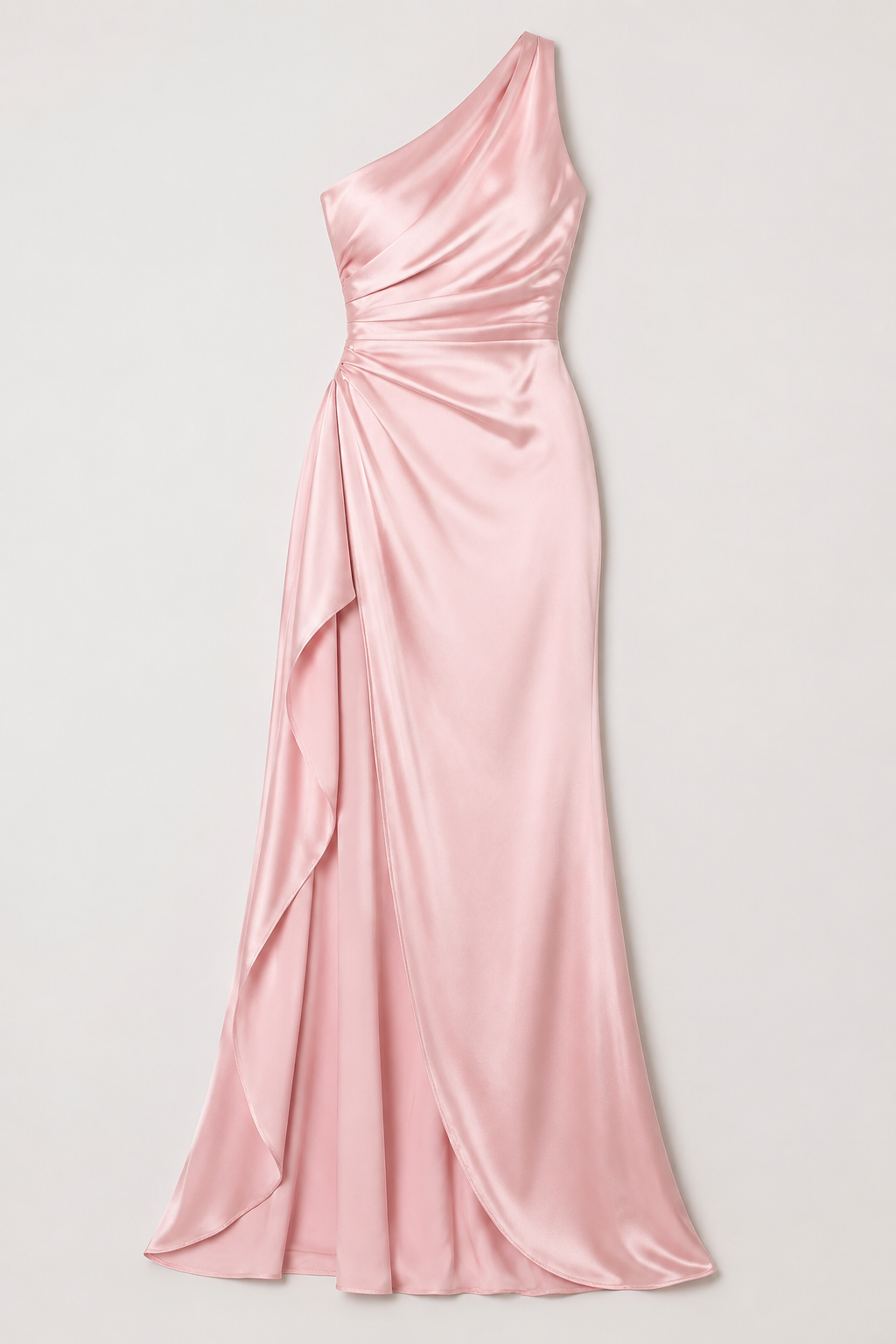 Pink one-shoulder flowing maxi dress, flat lay
