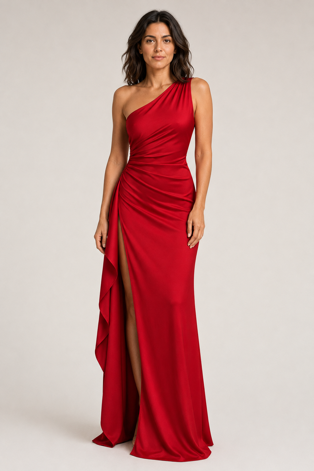 Red one-shoulder flowing maxi dress, front three-quarter view
