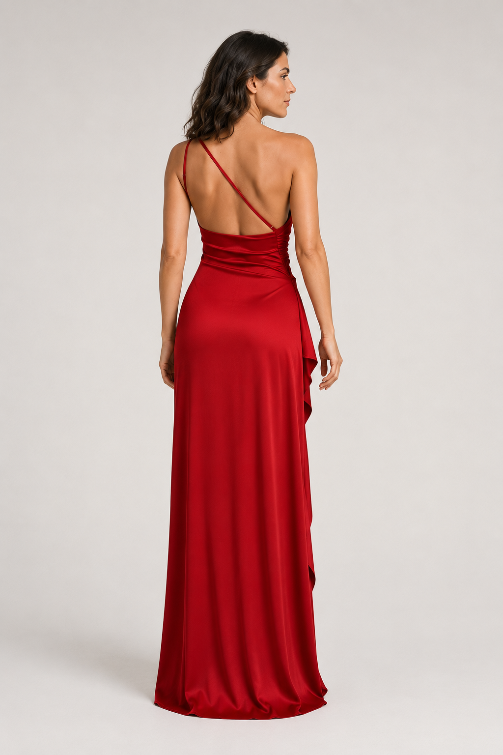 Red one-shoulder flowing maxi dress, back view