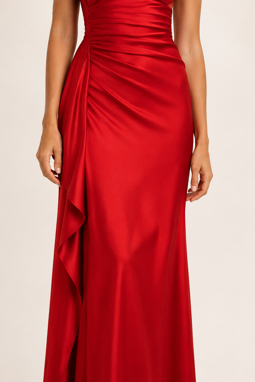 Red one-shoulder flowing maxi dress, slit and draped panel detail