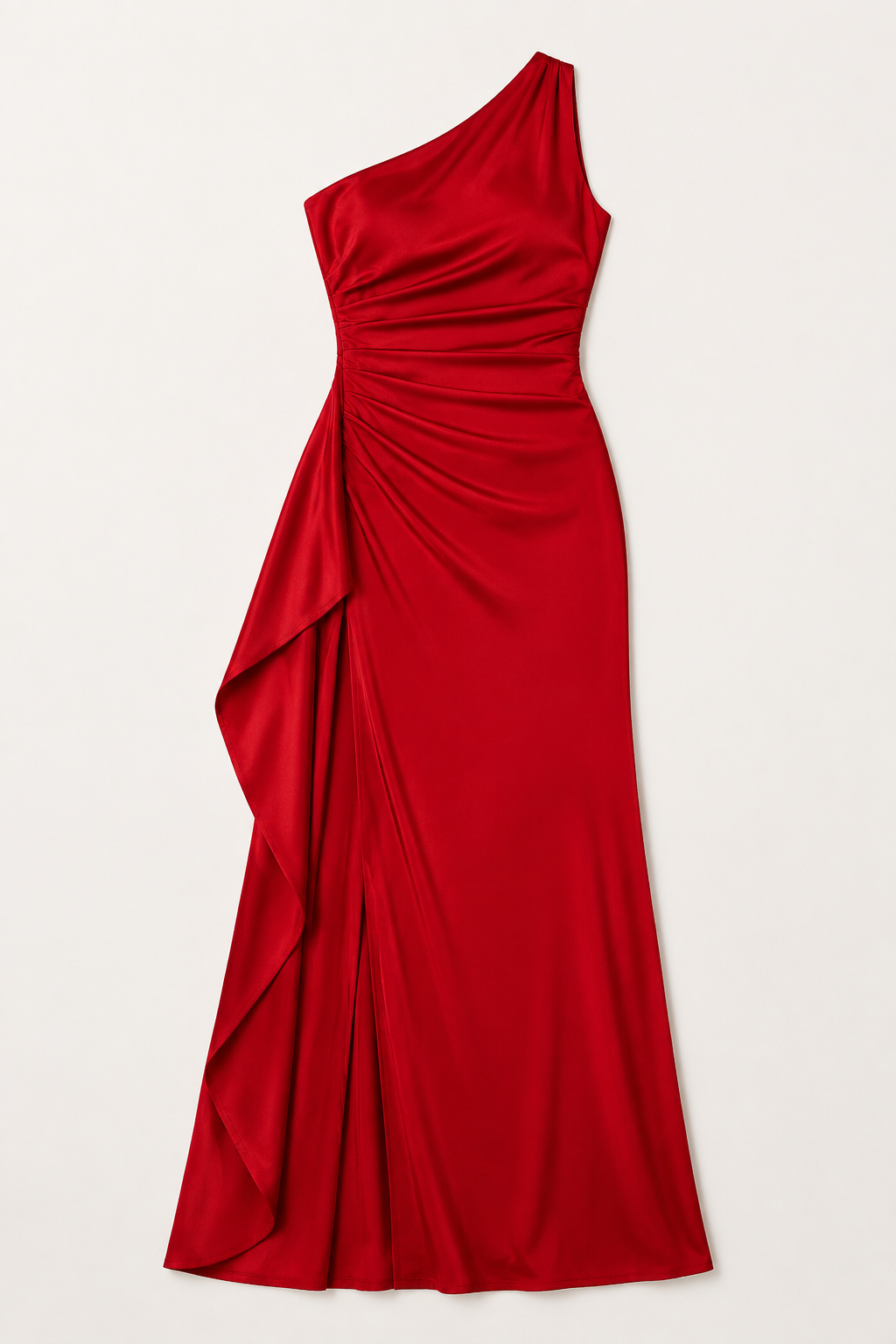 Red one-shoulder flowing maxi dress, flat lay