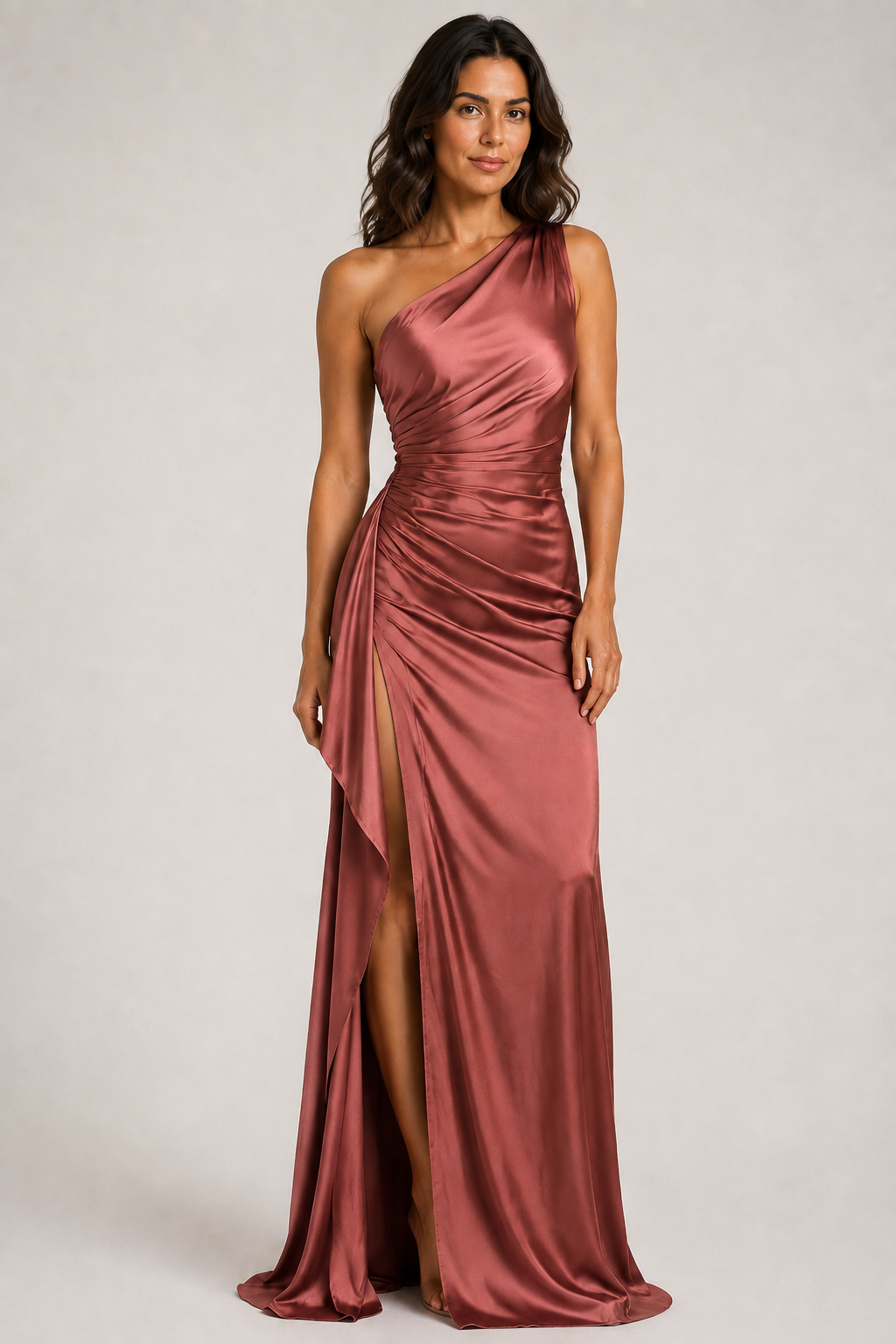 Rust Red one-shoulder flowing maxi dress, front three-quarter view
